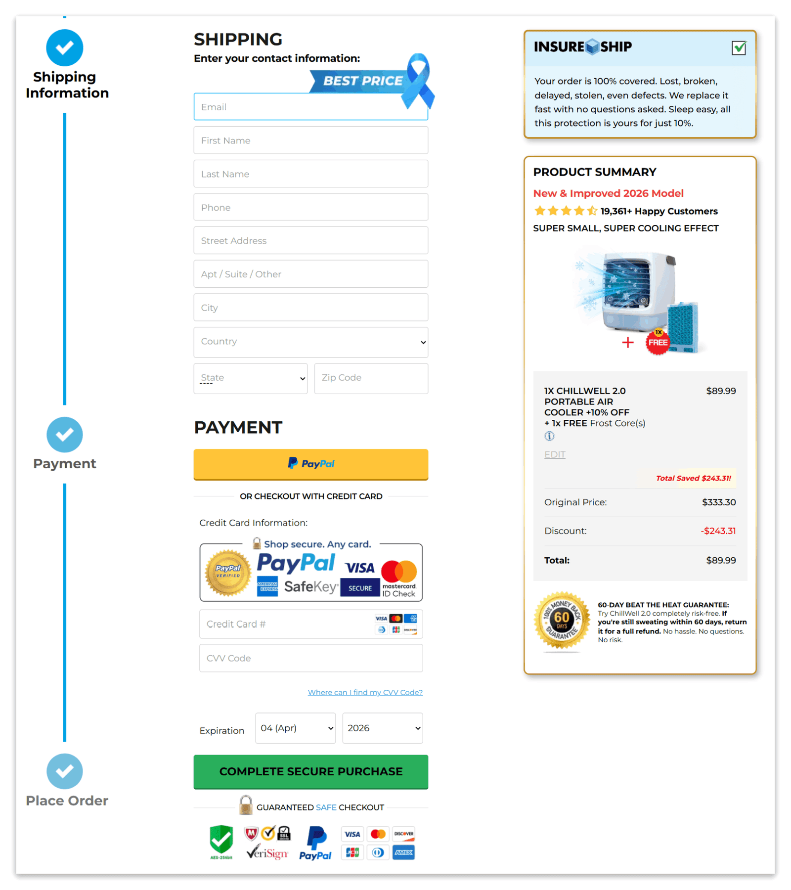 ChillWell Portable AC secure checkout page